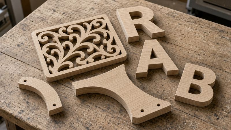 Piezas de madera y tablero cortadas con fresadora CNC, listas para montar